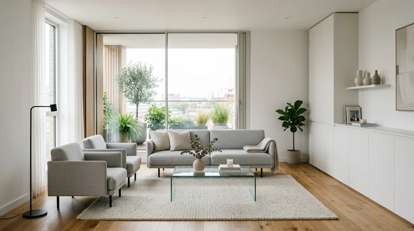 Use one calm palette across the room inspiration for a minimalist living room.